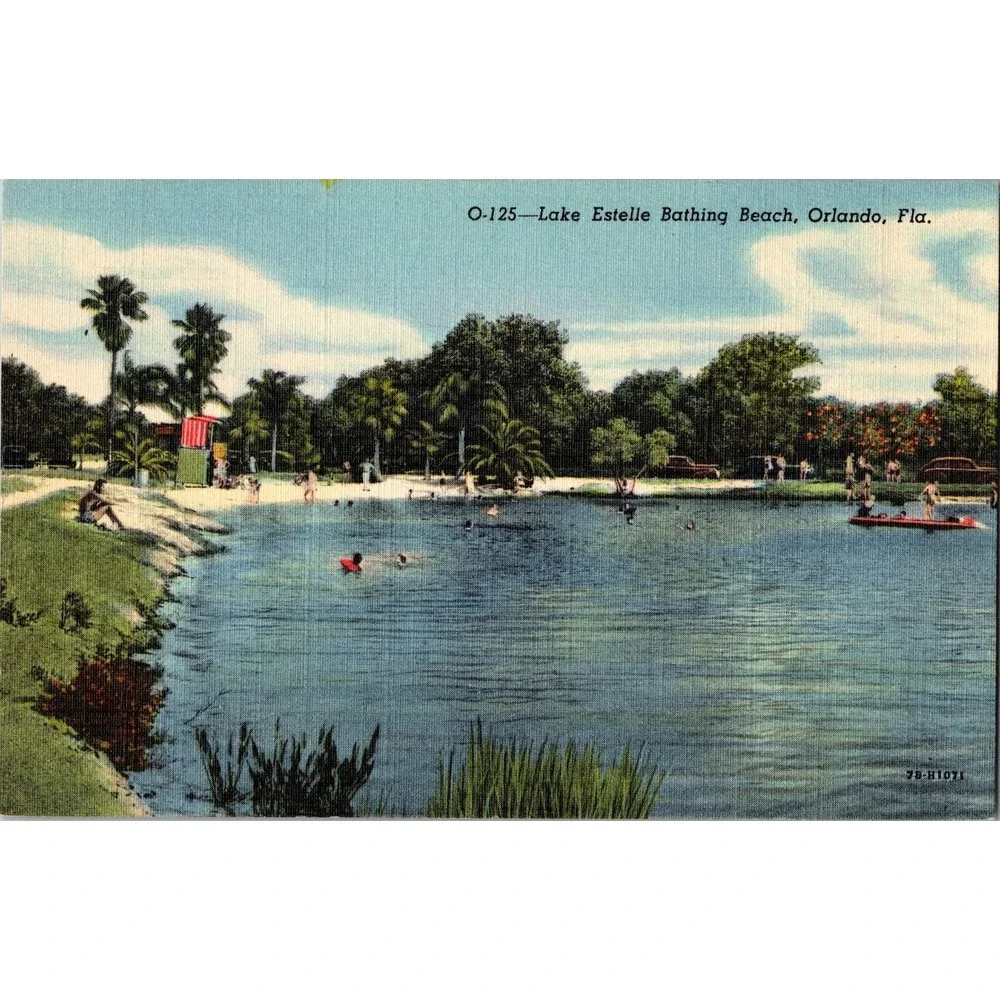 Vintage Linen Postcard Lake Estelle Bathing Beach Orlando‎ Florida